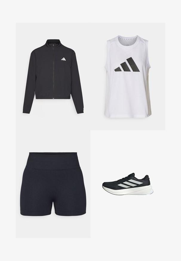 adidas Performance TRAIN ESSENTIALS 3 STRIPES WARM UP - Training jacket - black/white; White sleeveless athletic top with round neckline, featuring a large black Adidas logo composed of three stripes on the front.; Black high-waisted athletic shorts, made of stretchy fabric. Features a smooth texture and clean lines with a simple design.; Black athletic shoe with a textured upper, featuring three white stripes on the side and a white midsole. Lightweight design, streamlined shape.