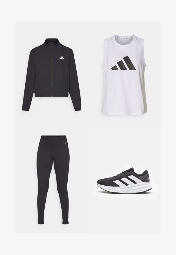 adidas Performance TRAIN ESSENTIALS 3 STRIPES WARM UP - Träningsjacka - black/white; Vit ärmlös träningstopp med rund halsringning, med en stor svart Adidas-logotyp bestående av tre ränder på framsidan.; Svarta leggings i ett elastiskt material, med hög midja och en liten logodetalj på vänster höftparti. Slät textur.; Svart sportskor med vita accenter, med ett meshnät ovan, vadderad sula och tre vita ränder på sidan för varumärkets identifiering.