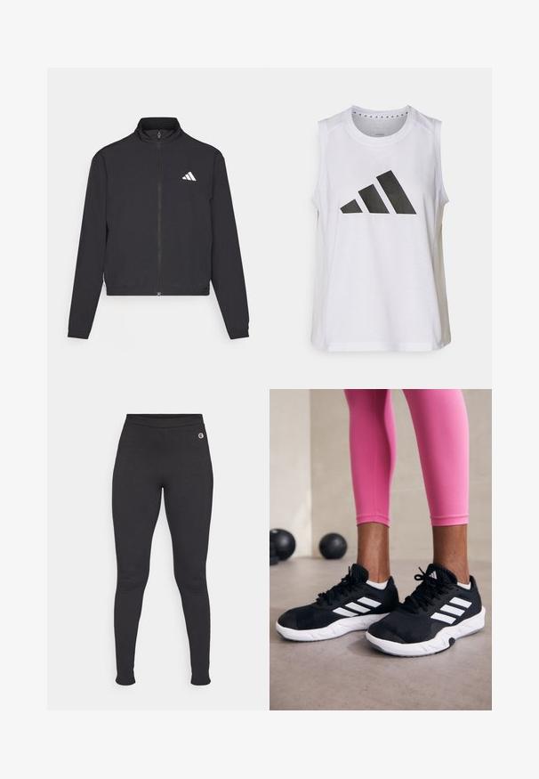 adidas Performance TRAIN ESSENTIALS 3 STRIPES WARM UP - Jakna za treniranje - black/white; Bijela bezrukava sportska majica s okruglim izrezom, na prednjoj strani ima veliki crni Adidas logo sastavljen od tri pruge.; Crne tajice izrađene od rastezljivog materijala, s visokim strukom i malim logotipom na lijevoj strani bokova. Glatka tekstura.; Crne atletske cipele s bijelim prugama, gornji dio od teksturirane mrežaste tkanine i bijelim potplatom. Nošene uz ružičaste tajice, prikazujući trenirku.