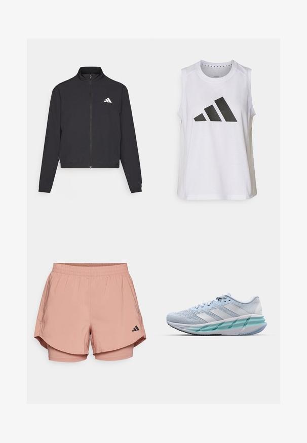 adidas Performance TRAIN ESSENTIALS 3 STRIPES WARM UP - Training jacket - black/white; White sleeveless athletic top with round neckline, featuring a large black Adidas logo composed of three stripes on the front.; Pink athletic shorts with an elastic waistband, layered design, side pockets, and black Adidas logo on the lower right side.; Light blue athletic shoes with a textured knit upper, white accents, and a transparent green midsole. Rounded toe and padded collar.