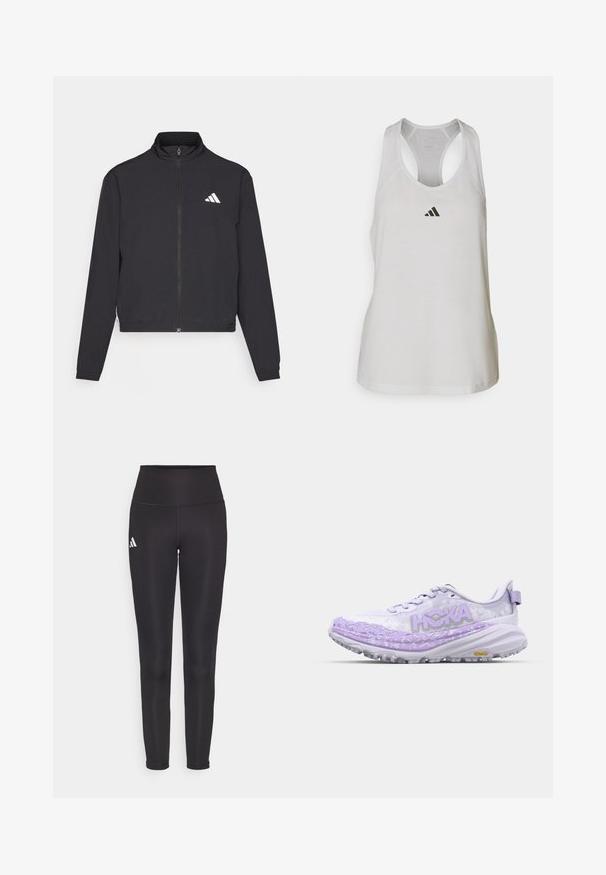 adidas Performance TRAIN ESSENTIALS 3 STRIPES WARM UP - Treningsjakke - black/white; Hvit treningsTank topp laget av lettvektsmateriale med racerback-design og en liten svart logo på brystet.; Sorte høy midje leggings laget av elastisk stoff. Har en hvit logo på venstre side og et elegant, sømløst design. Glatt tekstur.; Lys lilla løbesko med et tekstureret design, der har et fremtrædende hvidt logo, en polstret sål og en robust ydersål til trækkraft.