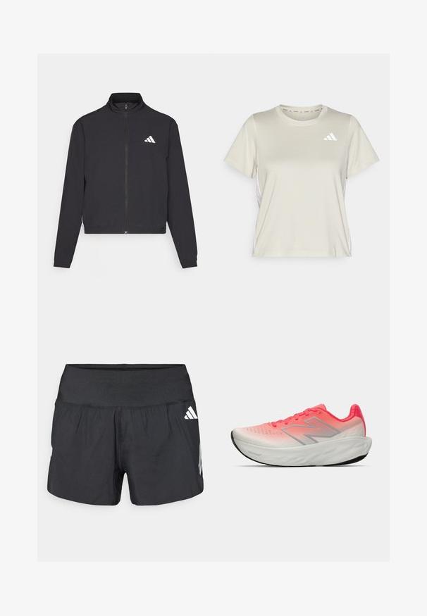 adidas Performance TRAIN ESSENTIALS 3 STRIPES WARM UP - Jakna za treniranje - black/white; adidas Performance TRAIN ESSENTIALS 3STRIPES WORKOUT - Sportska majica - alumina/white; Crne sportske kratke hlače s širokim elastičnim pojasom, laganom tkaninom i bijelim logotipom na donjoj strani.; Sportska cipela s gradijentom u ružičastoj i bijeloj boji na gornjem dijelu od mrežice, sadrži srebrni logo, podstavljeni đon i teksturiranu gumu na donjem dijelu.