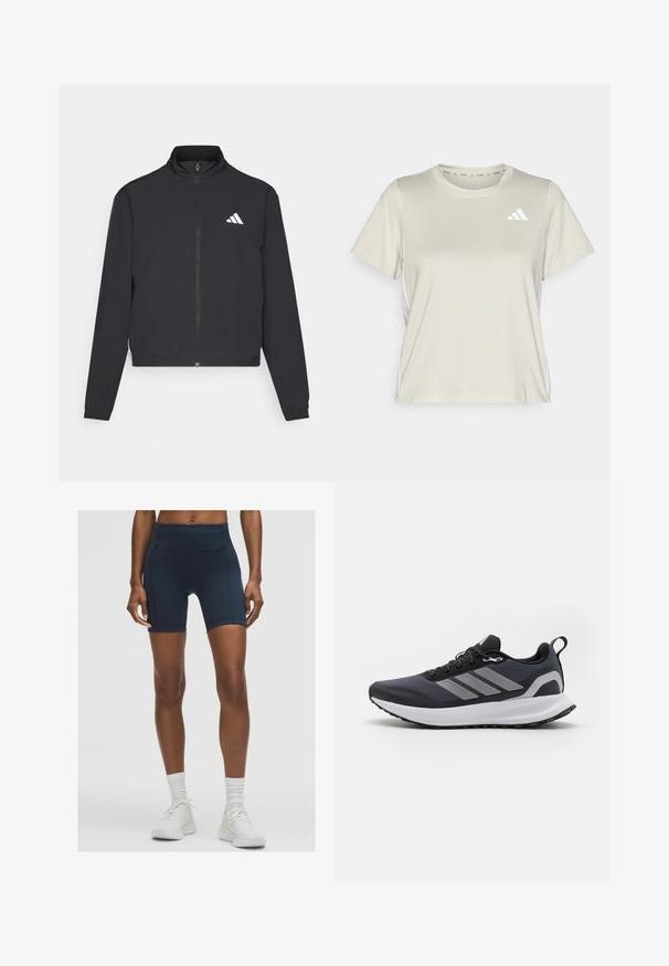 adidas Performance TRAIN ESSENTIALS 3 STRIPES WARM UP - Giacca sportiva - black/white; adidas Performance TRAIN ESSENTIALS 3STRIPES WORKOUT - T-Shirt sport - alumina/white; Shorts sportivi blu navy a vita alta realizzati in tessuto elasticizzato, con una texture liscia e dettagli di cucitura. Abbinati a sneakers bianche.; Scarpa sportiva nera con parte superiore in rete, suola intermedia bianca, suola in gomma testurizzata e tre strisce grigie sui lati. Dotata di lacci e una linguetta per la calzata.