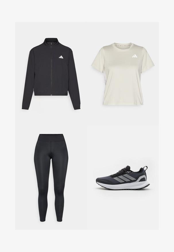 adidas Performance TRAIN ESSENTIALS 3 STRIPES WARM UP - Casaco de treino - black/white; adidas Performance TRAIN ESSENTIALS 3STRIPES WORKOUT - T-shirt desportiva - alumina/white; Leggings pretos feitos de um material liso e elástico. Cintura alta, design ajustado, com um logótipo impresso na parte inferior da perna esquerda.; Sapatilha desportiva preta com parte superior de malha, sola intermédia branca, sola de borracha texturizada e três riscas cinzentas de lado. Apresenta atacadores e uma alça.