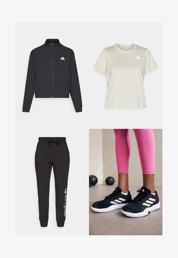 adidas Performance TRAIN ESSENTIALS 3 STRIPES WARM UP - Træningsjakke - black/white; adidas Performance TRAIN ESSENTIALS 3STRIPES WORKOUT - Sports T-shirts - alumina/white; Sorte sweatpants lavet af blødt stof, med en snoretræk i taljen og ribbede manchetter, samt et hvidt og rødt "Champion" logo på siden.; Sorte sportssko med hvide striber, tekstureret mesh-overdel og en hvid sål. Bæres med pink leggings, der fremhæver træningstøj.
