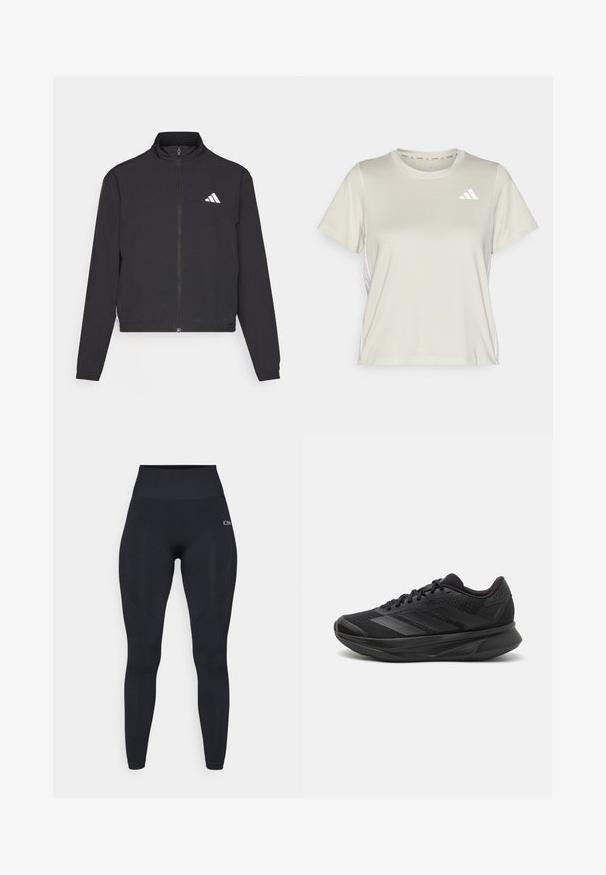 adidas Performance TRAIN ESSENTIALS 3 STRIPES WARM UP - Giacca sportiva - black/white; adidas Performance TRAIN ESSENTIALS 3STRIPES WORKOUT - T-Shirt sport - alumina/white; Leggings neri a vita alta realizzati in un tessuto morbido e elastico. Presentano un logo sulla coscia superiore e dettagli testurizzati sui lati.; Scarpa da corsa nera con tomaia in rete traspirante, punta rotonda, design elegante, dettagli testurizzati e suola ammortizzata per il comfort.