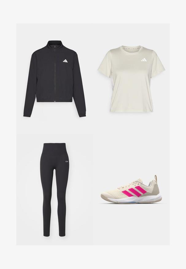 adidas Performance TRAIN ESSENTIALS 3 STRIPES WARM UP - Trainingsjacke - black/white; adidas Performance TRAIN ESSENTIALS 3STRIPES WORKOUT - Sport T-Shirt - alumina/white; ICANIWILL DEFINE SEAMLESS POCKET - Tights - navy; Beige Sportsschuh mit pinkem Dreistreifen-Logo, strukturiertem Mesh-Obermaterial, gepolstertem Schaft und weißer Gummisohle, mit "LIGHTSTRIKE"-Branding.