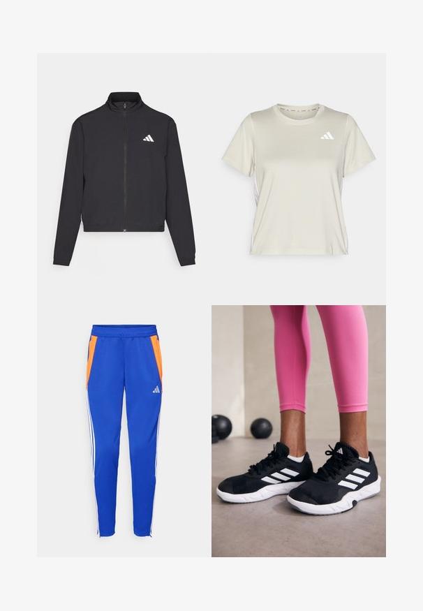 adidas Performance TRAIN ESSENTIALS 3 STRIPES WARM UP - Tréningová bunda - black/white; adidas Performance TRAIN ESSENTIALS 3STRIPES WORKOUT - Športové tričko - alumina/white; Modré športové nohavice s oranžovými bočnými panelmi, bielymi pruhmi po stranách, elastickým pásom a zipsom na koncoch. Logo Adidas je prítomné.; Čierne atletické topánky s bielymi pruhmi, textúrovaný sieťovaný zvršok a biela podrážka. Nosené s ružovými legínami, ukazujúce tréningové oblečenie.