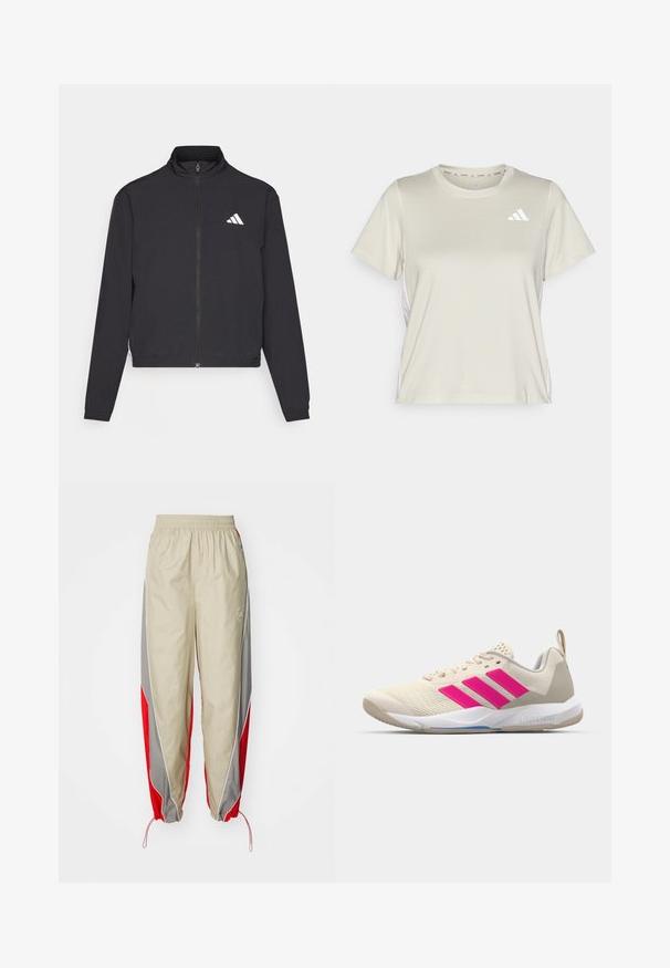 adidas Performance TRAIN ESSENTIALS 3 STRIPES WARM UP - Bluză de trening - black/white; adidas Performance TRAIN ESSENTIALS 3STRIPES WORKOUT - Bluză sport - alumina/white; adidas by Stella McCartney PANT - Pantaloni de trening - desert sand/active red; Pantof de sport bej cu logo în trei dungi roz, superior din plasă texturată, guler căptușit și talpă din cauciuc alb, având marca "LIGHTSTRIKE".