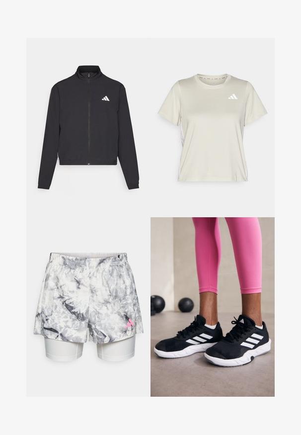 adidas Performance TRAIN ESSENTIALS 3 STRIPES WARM UP - Trainingsjacke - black/white; adidas Performance TRAIN ESSENTIALS 3STRIPES WORKOUT - Sport T-Shirt - alumina/white; Kurze mit einem grau-weißen abstrakten Muster, ausgestattet mit einem elastischen Bund, Innenfutter und einem pinken Logoakzent an der Seite.; Schwarze Sportschuhe mit weißen Streifen, strukturiertem Mesh-Obermaterial und einer weißen Sohle. Kombiniert mit pinken Leggings, die Trainingsbekleidung zur Schau stellen.