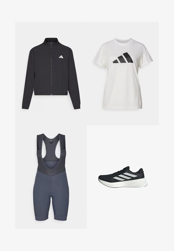 adidas Performance TRAIN ESSENTIALS 3 STRIPES WARM UP - Chaqueta de entrenamiento - black/white; Camiseta atlética blanca de tejido suave. Presenta mangas cortas y un gran logotipo negro de Adidas con tres rayas debajo.; Pantalones cortos de ciclismo de tipo bib acolchados en gris, con tirantes de malla, cuello redondeado y bandas de pierna ajustadas. Fabricados con un tejido elástico y transpirable.; Zapatilla deportiva negra con un upper texturizado, que presenta tres stripes blancas en el lateral y una media suela blanca. Diseño ligero y forma aerodinámica.