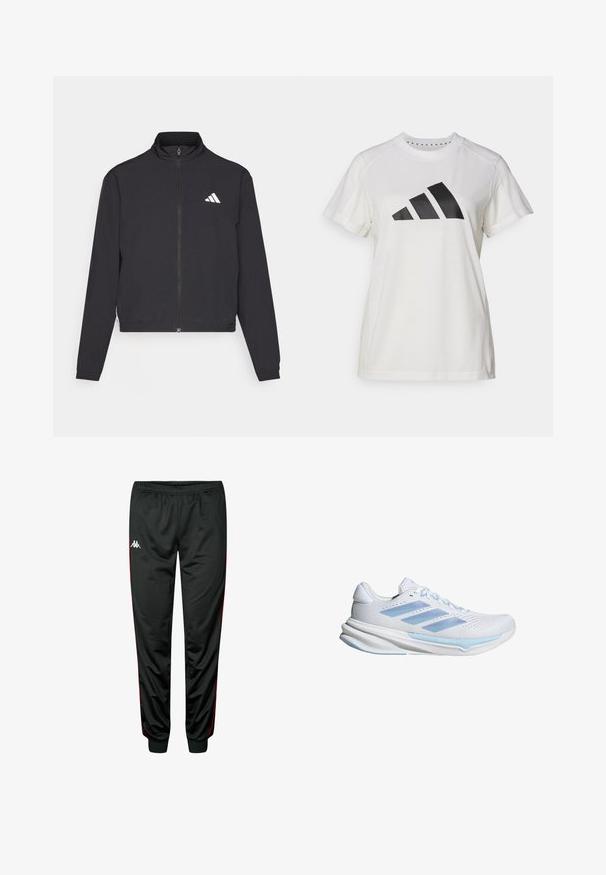 adidas Performance TRAIN ESSENTIALS 3 STRIPES WARM UP - Chaqueta de entrenamiento - black/white; Camiseta atlética blanca de tejido suave. Presenta mangas cortas y un gran logotipo negro de Adidas con tres rayas debajo.; Pantalones deportivos negros con franjas laterales rojas, cintura elástica, piernas ajustadas, fabricados en un tejido suave y ligero. Presenta un logo en la parte delantera.; Zapatillas de running blancas con acentos en azul claro, parte superior de malla transpirable, diseño de tres rayas, suela acolchada y suela exterior con tracción texturizada.
