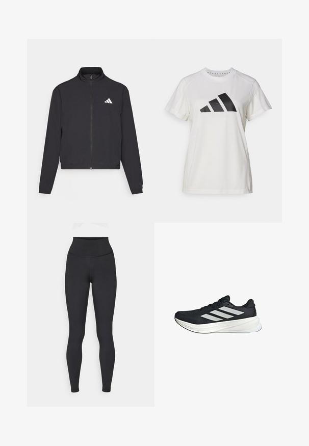 adidas Performance TRAIN ESSENTIALS 3 STRIPES WARM UP - Chaqueta de entrenamiento - black/white; Camiseta atlética blanca de tejido suave. Presenta mangas cortas y un gran logotipo negro de Adidas con tres rayas debajo.; Leggings negros de talle alto, confeccionados en una tela elástica, con una textura suave y un diseño ajustado, sin logotipos ni patrones visibles.; Zapatilla deportiva negra con un upper texturizado, que presenta tres stripes blancas en el lateral y una media suela blanca. Diseño ligero y forma aerodinámica.