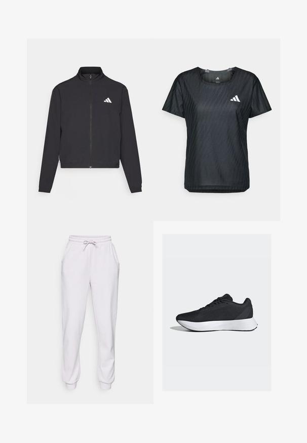 adidas Performance TRAIN ESSENTIALS 3 STRIPES WARM UP - Training jacket - black/white; Black athletic t-shirt with a round neck, short sleeves, and a textured fabric featuring a subtle pattern. Displaying a white logo on the front.; Light gray sweatpants made of soft fabric, featuring an elastic waistband with drawstring, side pockets, and tapered legs with ribbed cuffs.; Black athletic shoes with a breathable mesh upper, white midsole, and sleek, curved design; features laces and a sturdy rubber outsole.