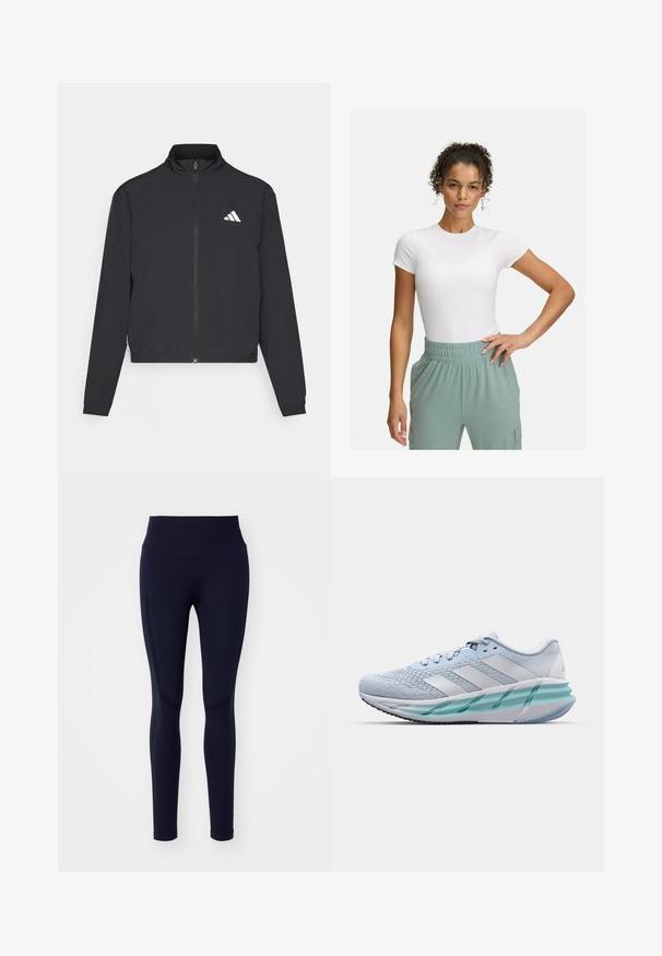 adidas Performance TRAIN ESSENTIALS 3 STRIPES WARM UP - Sportovní bunda - black/white; Bílá přiléhavá trička s krátkým rukávem, spárované se světlými zelenými kalhotami s elastickým pasem. Hladká textura, minimalistický design a žádné viditelné vzory.; Námořnické modré legíny vyrobené z elastické tkaniny. Vysoký pas, hladká textura a jemné boční panely. Střih dobře obepínající postavu.; Světlomodré sportovní boty s texturovaným pleteným svrškem, bílými akcenty a průhledným zeleným mezipodešví. Oválná špička a polstrovaný límec.