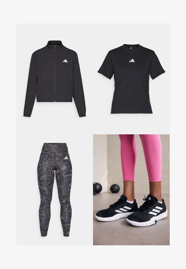 adidas Performance TRAIN ESSENTIALS 3 STRIPES WARM UP - Treningsjakke - black/white; Svart T-skjorte med korte ermer laget av mykt stoff. Har en hvit Adidas-logo og kontrasterende hvite striper langs sidene.; Sorte leggings med et teksturert, abstrakt mønster i nyanser av grått, med høy midje og en hvit logo på hoften.; Svarte treningssko med hvite striper, teksturert mesh-overdel og hvit såle. Brukt med rosa leggings, som viser frem treningsklær.