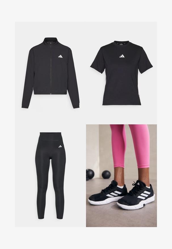 adidas Performance TRAIN ESSENTIALS 3 STRIPES WARM UP - Training jacket - black/white; Black short-sleeve T-shirt made of soft fabric. Features a white Adidas logo and contrasting white stripes along the sides.; Black high-waisted athletic leggings made of stretchy material, featuring a smooth texture and a small white logo near the waistband.; Black athletic shoes with white stripes, textured mesh upper, and a white sole. Worn with pink leggings, showcasing training apparel.