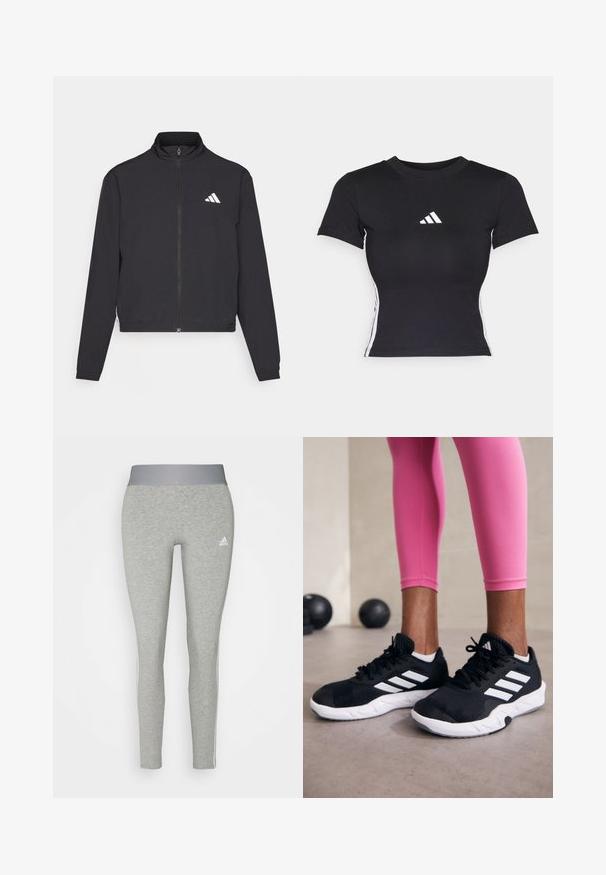 adidas Performance TRAIN ESSENTIALS 3 STRIPES WARM UP - Treniņjaka - black/white; Melns pieguļošs T-krekls, kas izgatavots no gludas auduma. Tam ir īsas piedurknes un balts adidas logotips uz krūtīm. Balti svītriņas pa malām.; Pelēkas sporta legingi ar platām pelēkām jostām, kuros ir balts Adidas logotips un kontrastējošas baltas sānu svītras, lai pievienotu papildu detaļu.; Melnas sporta kurpes ar baltām svītrām, teksturēta sieta augšdaļa un balta zole. Nēsātas ar rozā legingiem, demonstrējot treniņu apģērbu.