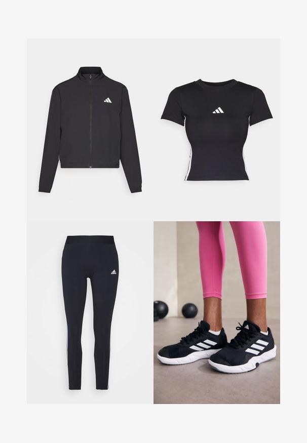 adidas Performance TRAIN ESSENTIALS 3 STRIPES WARM UP - Chaqueta de entrenamiento - black/white; Camiseta ajustada negra hecha de tela suave. Presenta mangas cortas y el logo blanco de adidas en el pecho. Rayas blancas a lo largo de los costados.; Leggings de color navy hechos de un tejido elástico, con una cinturilla ancha y franjas laterales blancas que presentan un logo de Adidas en la parte superior izquierda.; Zapatillas deportivas negras con rayas blancas, parte superior de malla texturizada y suela blanca. Combinadas con leggings rosa, exhibiendo ropa de entrenamiento.
