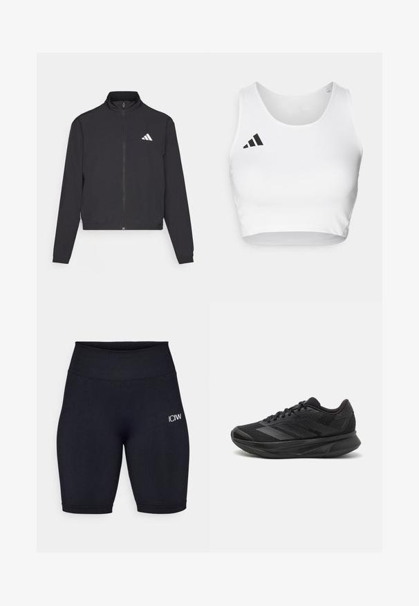 adidas Performance TRAIN ESSENTIALS 3 STRIPES WARM UP - Jakna za treniranje - black/white; Bijeli sportski crop top od glatkog materijala, s okruglim izrezom i crnim logotipom na lijevoj strani.; Crne biciklističke hlače od rastezljivog materijala s visokim pojasom. Imaju mali bijeli logo na lijevom bedru i glatku teksturu.; Crne trkaće tenisice s prozračnom mrežastom gornjom konstrukcijom, zaobljenim prstima, elegantnim dizajnom, teksturiranim detaljima i mekanim potplatom za udobnost.