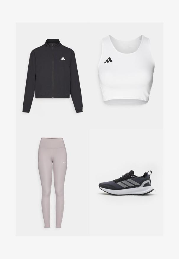 adidas Performance TRAIN ESSENTIALS 3 STRIPES WARM UP - Träningsjacka - black/white; Vit sportcrop-top i mjukt tyg, med rund halsringning och en svart logotypaccent på vänster sida.; Under Armour MOTION LEGGING - Tights - tetra gray/white; Svart idrottssko med överdel i mesh, vit mellansula, strukturerad gummisula och tre grå ränder på sidan. Har snören och en dragflik.