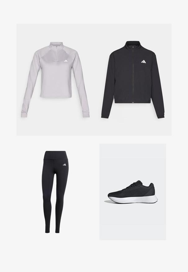 adidas Performance TRAIN ESSENTIALS 3 STRIPES WARM UP - Training jacket - black/white; adidas Performance ZIP - Long sleeved top - glory grey; Black leggings made of stretchy material, featuring a high waistband and a small white logo, with a smooth, matte finish.; Black athletic shoes with a breathable mesh upper, white midsole, and sleek, curved design; features laces and a sturdy rubber outsole.