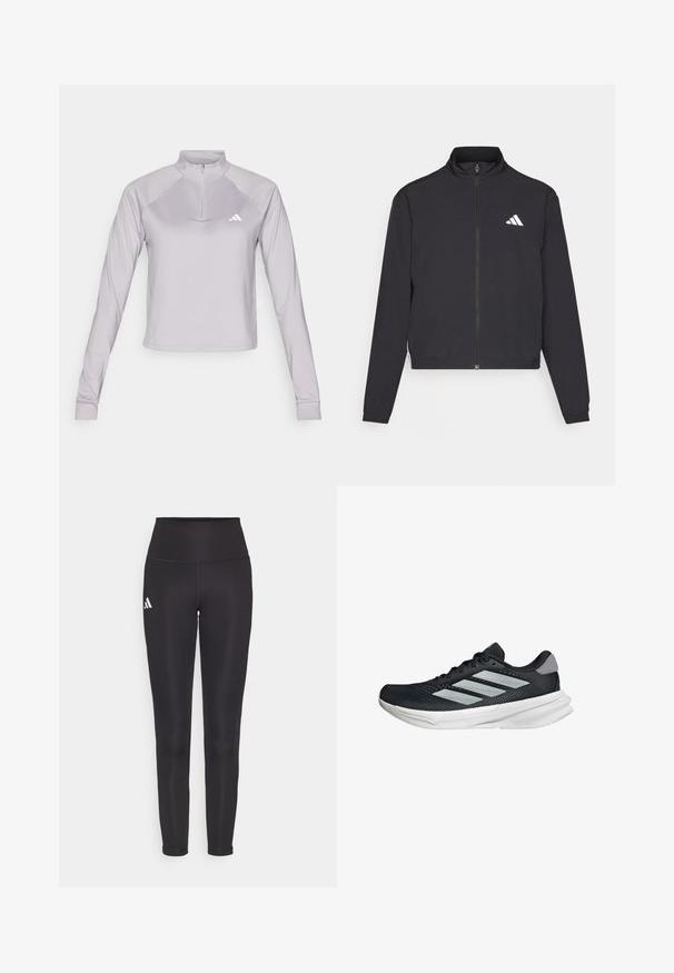 adidas Performance TRAIN ESSENTIALS 3 STRIPES WARM UP - Trainingsjacke - black/white; adidas Performance ZIP - Langarmshirt - glory grey; Schwarze hochgeschnittene Leggings aus dehnbarem Stoff. Mit einem weißen Logo auf der linken Seite und einem eleganten, nahtlosen Design. Glatte Textur.; Schwarzer Laufschuh mit Mesh-Obermaterial, drei silbernen Streifen, weißer Zwischensohle und strukturiertem Außensohle. Verfügt über einen gepolsterten Schaft und eine Schnürung.