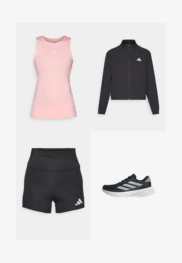 adidas Performance TRAIN ESSENTIALS 3 STRIPES WARM UP - Training jacket - black/white; adidas Performance RACERBACK - Top - semi pink spark; adidas Performance Leggings - black; Black running shoe with mesh upper, three silver stripes, white midsole, and textured outsole. Features padded collar and lace closure.