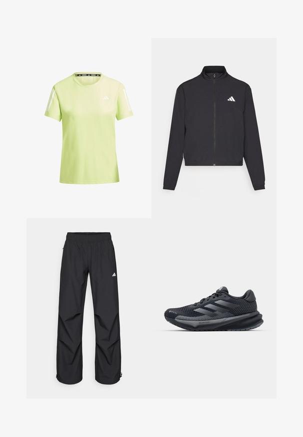 adidas Performance TRAIN ESSENTIALS 3 STRIPES WARM UP - Trainingsjacke - black/white; Hellgrünes Sport-T-Shirt aus atmungsaktivem Material. Mit weißen Streifen an den Ärmeln und einem schwarzen "RUNNING"-Label am Halsausschnitt.; Schwarze, leichte, wasserdichte Hosen mit elastischem Bund, seitlichen Taschen und verstellbaren Bündchen. Mit einem weißen Logo am linken Oberschenkel.; Schwarzer Sportschuh mit einem strukturierten Mesh-Obermaterial, reflektierenden Akzenten, gepolsteter Sohle und einem schlanken Design. Enthält ein Logo mit drei Streifen.