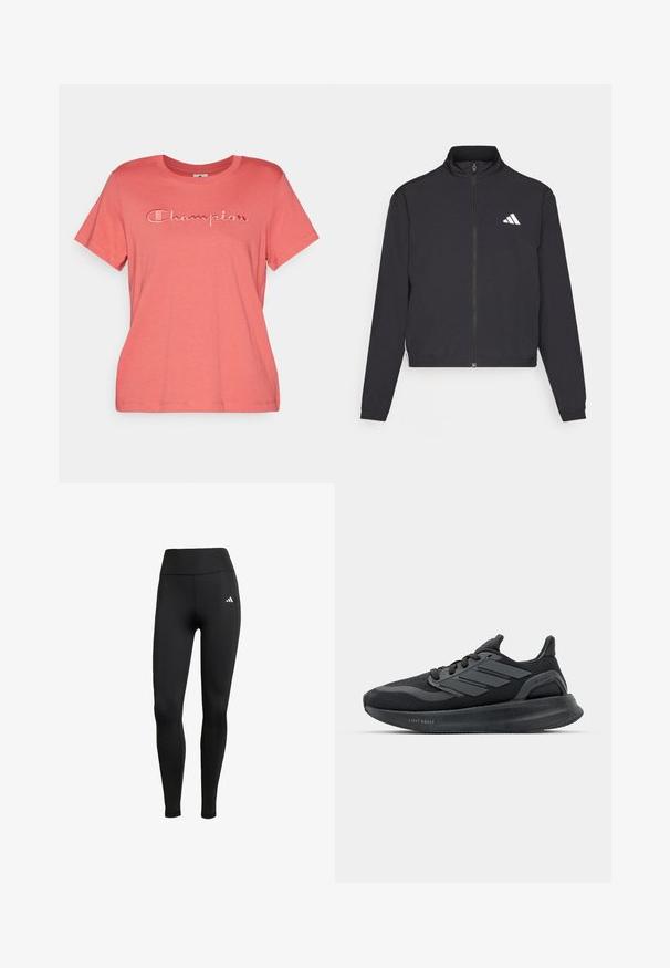 adidas Performance TRAIN ESSENTIALS 3 STRIPES WARM UP - Spordijakk - black/white; Champion ICONS CREWNECK WITH LARGE TONAL LOGO - Lihtne T-särk - dark red; Mustad mustad sportlikud legginsid kõrge vöökohaga. Valmistatud venivast kangast, millel on valge logo detail vasakul ülaosas.; Mustad mustossid võrkkattega, tekstuursete paneelidega, kolme triibuga detailiga ja kaarekujulise tallaga, millel on silt "LIGHT BOOST."