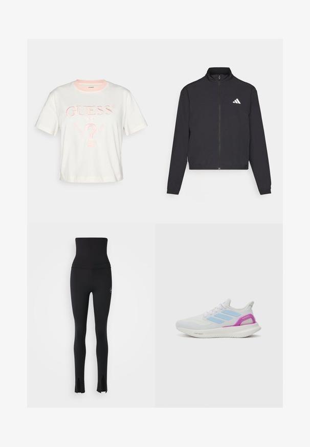adidas Performance TRAIN ESSENTIALS 3 STRIPES WARM UP - Training jacket - black/white; White short-sleeve t-shirt with a pink collar, featuring embroidered "GUESS®" logo and design elements for "WASHED JEANS" in light pink.; adidas by Stella McCartney Leggings - black; adidas Performance PUREBOOST 5 - Road running shoes - white/glow blue/purple burst