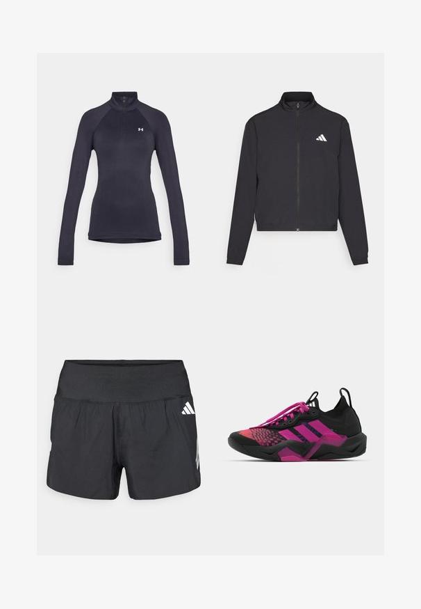 adidas Performance TRAIN ESSENTIALS 3 STRIPES WARM UP - Training jacket - black/white; Black long-sleeve athletic shirt with a quarter zip, fitted design, and raglan sleeves. Features a small white logo on the chest.; Black athletic shorts featuring a wide elastic waistband, lightweight fabric, and white logo accents on the lower side.; Black and pink athletic shoe with a textured upper, patterned design, prominent laces, and a chunky sole featuring pink accents.