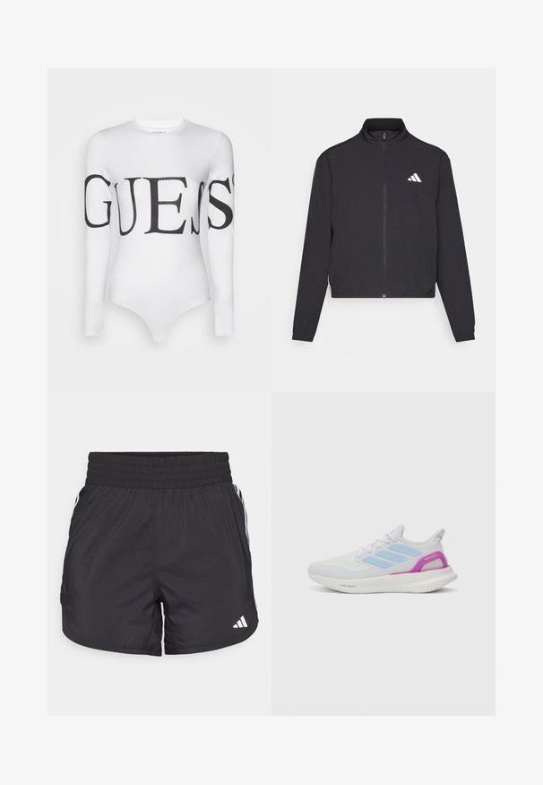 adidas Performance TRAIN ESSENTIALS 3 STRIPES WARM UP - Sportovní bunda - black/white; Bílé body s dlouhými rukávy vyrobené z elastického materiálu, které má velké černé logo "GUESS" na hrudi a rukávech.; Černé sportovní šortky s elastickým pasem, bočními kapsami a bílými pruhy po stranách. Vyrobené z lehkého materiálu.; adidas Performance PUREBOOST 5 - Silniční běžecké boty - white/glow blue/purple burst