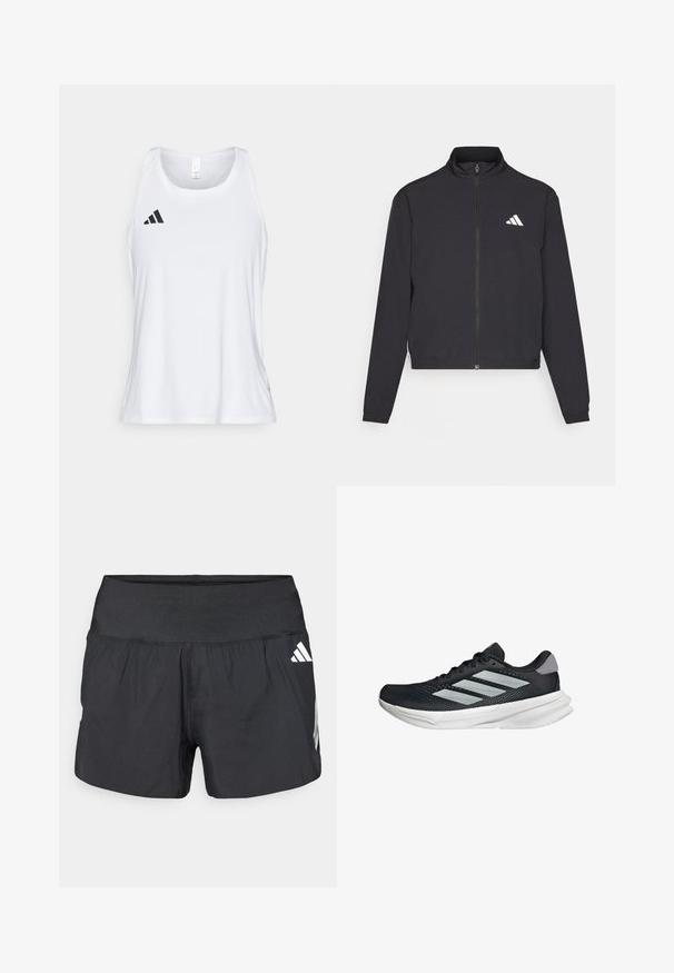 adidas Performance TRAIN ESSENTIALS 3 STRIPES WARM UP - Trainingsvest - black/white; Witte sportieve tanktop met een ronde halslijn en brede schouderbanden. Voorzien van een zwart logo met drie strepen op de linkerborst.; Zwarte sportshorts met een brede elastische tailleband, lichtgewicht stof en witte logo-accenten aan de onderkant zijkant.; Zwarte hardloopschoen met een mesh bovenzijde, drie zilveren strepen, witte middenzool en een gestructureerde loopzool. Heeft een gevoerde kraag en een vetersluiting.