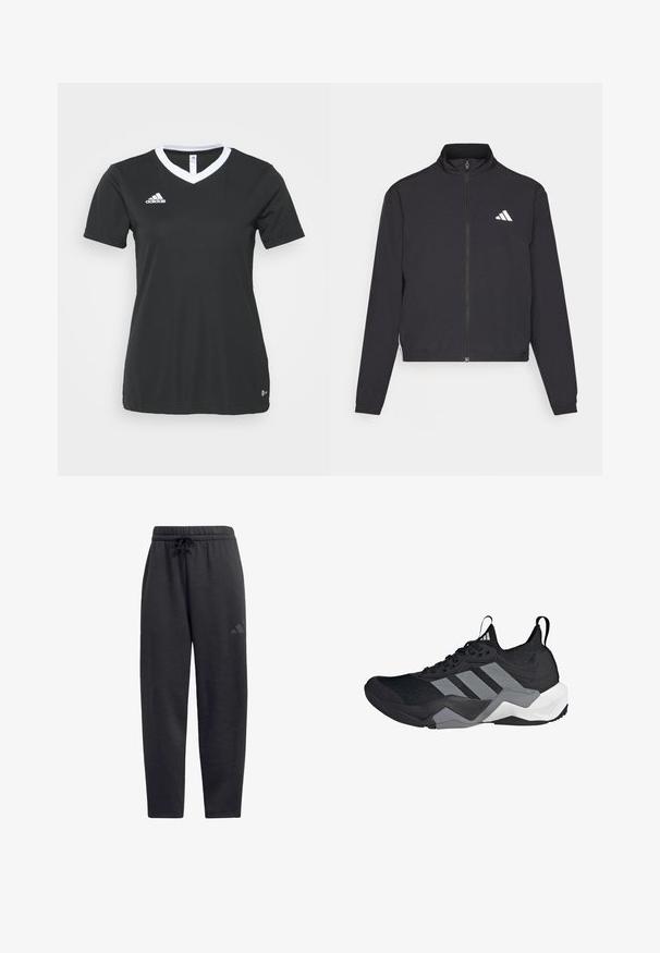 adidas Performance TRAIN ESSENTIALS 3 STRIPES WARM UP - Sportovní bunda - black/white; Černé sportovní tričko s krátkým rukávem a výstřihem do V bílé barvy. Bílé logo Adidas na levé části hrudi, vyrobené z hladkého syntetického materiálu.; Černé tepláky vyrobené z měkké látky, s elastickým pasem na šňůrku, rovnými nohavicemi a diskrétním logem na stehně.; Černá sportovní bota s prodyšným síťovaným svrškem, šedými akcenty, texturovanou podrážkou a třemi charakteristickými pruhy na boku.