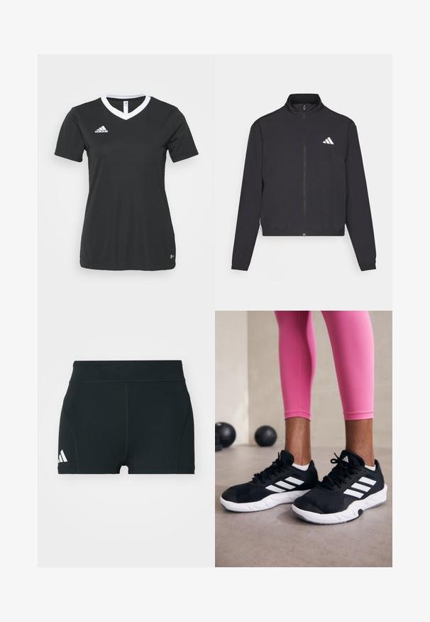 adidas Performance TRAIN ESSENTIALS 3 STRIPES WARM UP - Športna jakna/jopica - black/white; Črna kratka športna majica s kratkimi rokavi in V-izrezom ter belim ovratnikom. Logotip Adidas v beli barvi na levem prsnem košu, izdelana iz gladkega sintetičnega materiala.; Črne atletske hlače iz raztegljivega materiala, z visokim pasom, oprijetim krojem in belim logotipom Adidas na levi strani.; Črne športne čevlje z belimi črtami, teksturirano mrežasto zgornjišče in belo podplat. Obuti z roza legginsom, ki prikazujejo športno obleko.