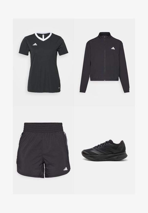adidas Performance ESSENTIALS 3 STRIPES czarny; Czarna sportowa koszulka krótki rękaw z dekoltem w serek i białym kołnierzykiem. Logo Adidas w białym kolorze na lewej piersi, wykonana z gładkiego, syntetycznego materiału.; Czarne spodenki sportowe z elastycznym paskiem w talii, bocznymi kieszeniami oraz białymi akcentami wzdłuż boków. Wykonane z lekkiego materiału.; Czarna sportowa buty do biegania z oddychającą siateczką, zaokrąglonym noskiem, eleganckim designem, teksturowanymi akcentami oraz amortyzowaną podeszwą dla wygody.