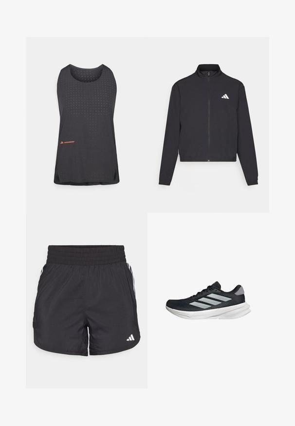 adidas Performance TRAIN ESSENTIALS 3 STRIPES WARM UP - Training jacket - black/white; Black athletic tank top featuring a breathable perforated design, round neckline, and orange logo accent at the bottom left.; Black athletic shorts with an elastic waistband, side pockets, and white stripe accents on the sides. Made of lightweight material.; Black running shoe with mesh upper, three silver stripes, white midsole, and textured outsole. Features padded collar and lace closure.