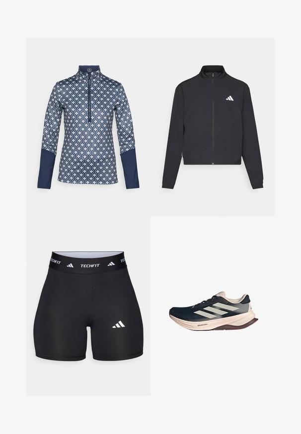 adidas Performance TRAIN ESSENTIALS 3 STRIPES WARM UP - Jakna za treniranje - black/white; Dugih rukava, majica na zip u tamnoplavoj boji s geometrijskim bijelim uzorkom; sadrži čvrste tamnoplave akcentne dijelove na rukavima i ovratniku.; Crne kratke hlače izrađene od rastezljive tkanine s prilagođenim dizajnom. Imaju široki crni pojas sa oznakom "TECHFIT" i bijeli logo na nozi.; Tenisice za trčanje s tamnoplavom mrežastom gornjom partijom, svijetlosmešnim đonom i bijelim trostrukim prugama. Odlikuju se elegantnim, aerodinamičnim oblikom i teksturiranim detaljima.