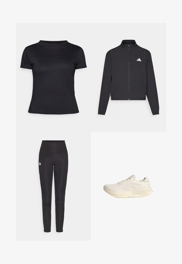 adidas Performance TRAIN ESSENTIALS 3 STRIPES WARM UP - Casaco de treino - black/white; T-shirt preta de mangas curtas feita de um tecido mistura de algodão, com decote redondo e textura suave, sem logótipos ou padrões visíveis.; Leggings pretos de cintura alta feitos de tecido elástico. Apresenta um logótipo branco no lado esquerdo e um design elegante e sem costuras. Textura suave.; Sapatilha desportiva bege claro com parte superior em malha, atacadores planos e sola acolchoada. Apresenta um design de três riscas no lado lateral.