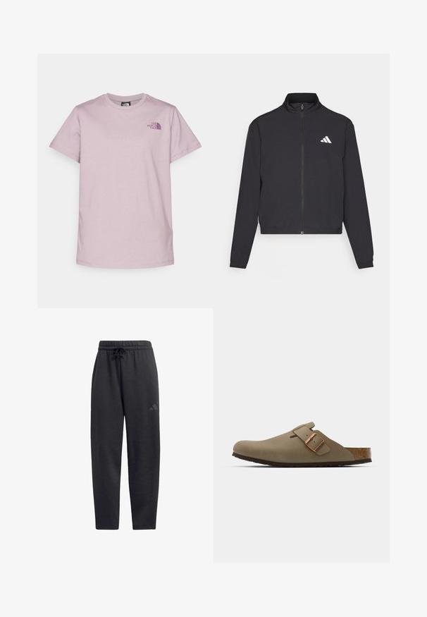 adidas Performance TRAIN ESSENTIALS 3 STRIPES WARM UP - Training jacket - black/white; The North Face BOX RELAXED TEE - Print T-shirt - purple chalk/midnight mauve; Black sweatpants made of soft fabric, featuring an elastic waistband with a drawstring, straight legs, and a discreet logo on the thigh.; Brown clogs with a smooth, matte finish. Features a prominent bronze buckle on the side. Cork footbed and rubber outsole for comfort.