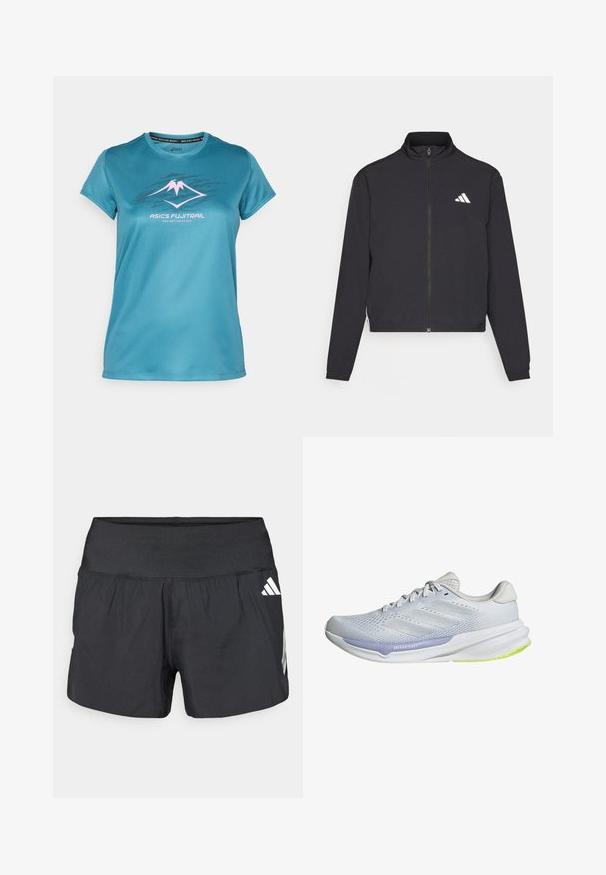adidas Performance ESSENTIALS 3 STRIPES czarny; Turkusowa koszulka sportowa wykonana z gładkiego, odprowadzającego wilgoć materiału. Posiada różowo-czarną grafikę gór oraz okrągły dekolt.; Czarne spodenki sportowe z szerokim elastycznym pasem, lekkim materiałem i białymi akcentami logo na dolnej stronie.; Białe buty sportowe z oddychającą siateczką, teksturowanym wzorem i lawendowym akcentem. Mają miękką podeszwę z zielonymi detalami na podeszwie.