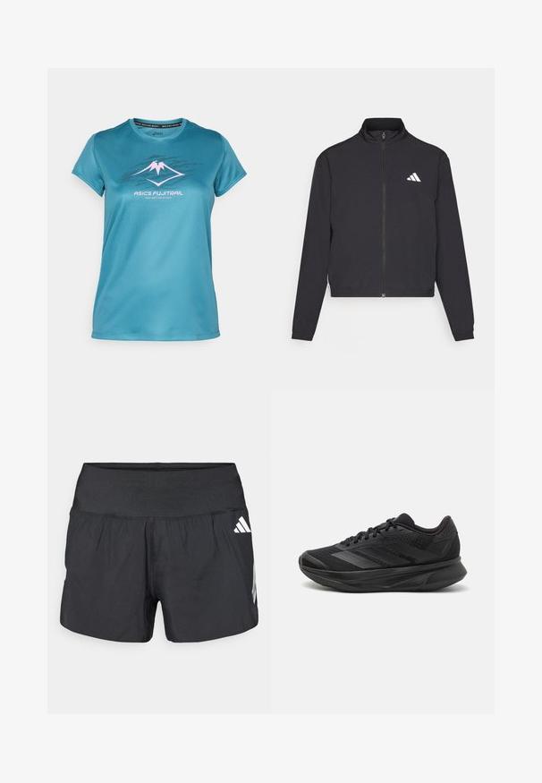 adidas Performance TRAIN ESSENTIALS 3 STRIPES WARM UP - Training jacket - black/white; Teal performance t-shirt made of smooth, moisture-wicking fabric. Features a pink and black mountain graphic and round neckline.; Black athletic shorts featuring a wide elastic waistband, lightweight fabric, and white logo accents on the lower side.; Black running shoe with a breathable mesh upper, rounded toe, sleek design, textured accents, and a cushioned sole for comfort.