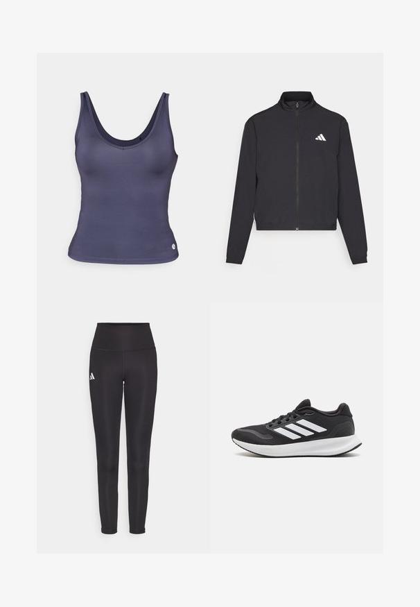 adidas Performance TRAIN ESSENTIALS 3 STRIPES WARM UP - Treningsjakke - black/white; En marineblå tanktop laget av glatt, elastisk stoff med rund hals og smale stropper, med en liten logo på kanten.; Sorte høy midje leggings laget av elastisk stoff. Har en hvit logo på venstre side og et elegant, sømløst design. Glatt tekstur.; Sorte atletiske sko med mesh overdel, rund tå og tre hvite striper på siden. Lett såle med teksturert gummisåle for godt grep.