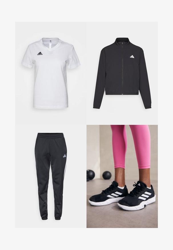adidas Performance TRAIN ESSENTIALS 3 STRIPES WARM UP - Treningsjakke - black/white; Hvit bomulls t-skjorte med V-halsdesign, korte ermer og svart Adidas-logo på venstre brystområde. Glatt tekstur, klassisk passform.; Svarte treningsbukser med elastisk midje, smalende ben og hvite side-striper. Har en liten grå trefoil-logo på venstre lår.; Svarte treningssko med hvite striper, teksturert mesh-overdel og hvit såle. Brukt med rosa leggings, som viser frem treningsklær.