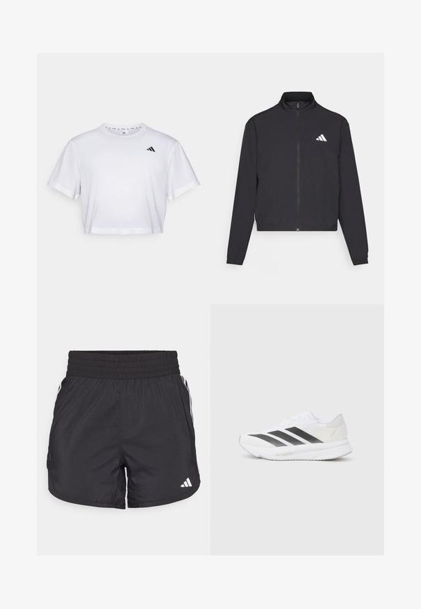 adidas Performance TRAIN ESSENTIALS 3 STRIPES WARM UP - Chaqueta de entrenamiento - black/white; Camiseta blanca recortada hecha de una tela suave, con mangas cortas y un escote redondo. Logo negro en el lado izquierdo del pecho.; Pantalones cortos deportivos negros con cintura elástica, bolsillos laterales y detalles de rayas blancas en los lados. Hechos de un material ligero.; Zapatilla deportiva blanca con rayas diagonales negras, parte superior de malla, punta redondeada y suela texturizada. Los acentos incluyen un talón plateado y un diseño minimalista.