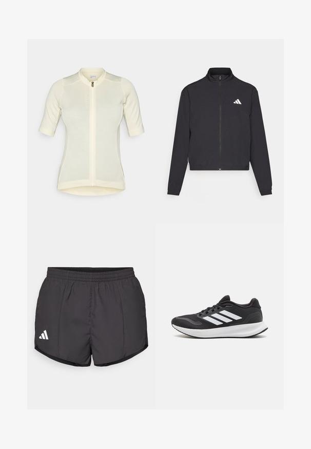adidas Performance TRAIN ESSENTIALS 3 STRIPES WARM UP - Giacca sportiva - black/white; Jersey da ciclismo giallo chiaro con maniche corte, taglio slim, zip a lunghezza totale, tessuto textured sottile e colletto rotondo. Nome del marchio sul fronte.; Shorts sportivi neri realizzati in tessuto leggero, con vita elastica e logo Adidas bianco sul lato sinistro in basso.; Scarpa da atletica nera con tomaia in rete, punta rotonda e tre strisce bianche sui lati. Suola leggera con battistrada in gomma testurizzata per una maggiore aderenza.