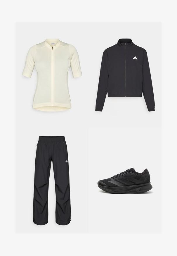 adidas Performance TRAIN ESSENTIALS 3 STRIPES WARM UP - Training jacket - black/white; Light yellow cycling jersey with short sleeves, slim fit, full-length zipper, subtle textured fabric, and a round collar. Brand name on front.; Black, lightweight, waterproof pants with an elastic waistband, side pockets, and adjustable cuffs. Features a white logo on the left thigh.; Black running shoe with a breathable mesh upper, rounded toe, sleek design, textured accents, and a cushioned sole for comfort.