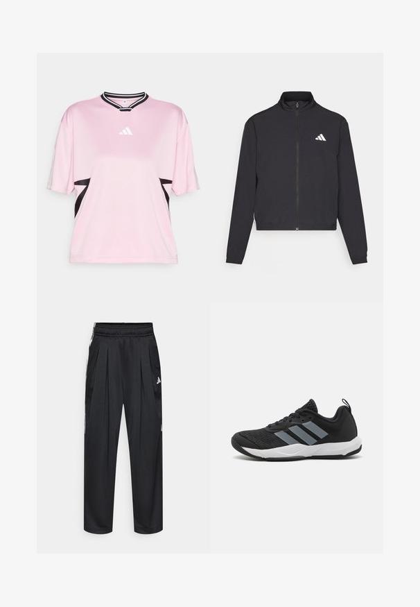 adidas Performance TRAIN ESSENTIALS 3 STRIPES WARM UP - Treniņjaka - black/white; Rozā sporta krekliņš ar īsām piedurknēm, melniem akcentiem un melnu svītru apkakli. Krūšu daļā ir balts Adidas logo.; Melnas sporta bikses ar krokojumu, elastīgu jostasvietu un sānu svītrām. Izgatavotas no gludas auduma, ar baltu Adidas logotipu.; Melnas sporta kurpes ar gaiši pelēkiem svītrām, teksturētu acs augšdaļu, melniem aukliņām un baltu zoli. Aprīkotas ar vilkšanas cilpu uz papēža.