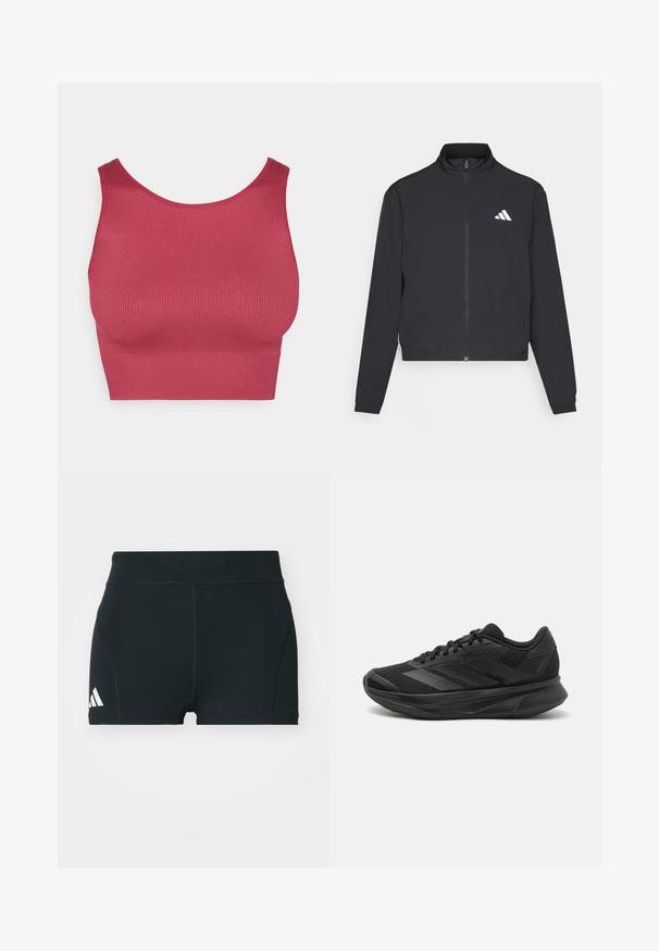 adidas Performance TRAIN ESSENTIALS 3 STRIPES WARM UP - Tréningová bunda - black/white; Hladký, bezrukávový crop top v tmavej ružovej farbe. Vyrobený z elastického materiálu s okrúhlym výstrihom a priliehavým strihom.; Čierne atletické šortky vyrobené z elastického materiálu, s vysokým pásom, priliehavým strihom a bielym logom Adidas na ľavej strane.; Čierna bežecká obuv s priedušným sieťovaným zvrškom, zaoblenou špičkou, štíhlym dizajnom, štruktúrovanými akcentmi a polstrovanou podrážkou pre pohodlie.